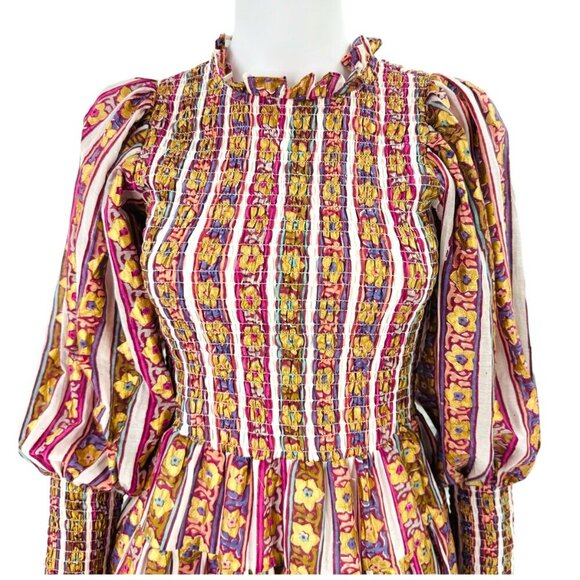 Oliphant NEW Petal Smocked Flirty 3/4 Sleeve Smocked Floral Mini Dress Size S - Picture 9 of 9